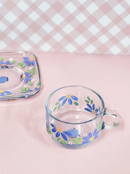 Hand-painted Square Teacup + Saucer | Blossom Cornflower Blue