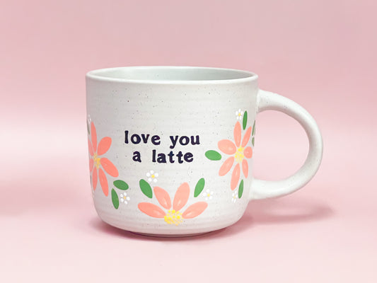 Hand-Painted Stoneware Mug - "Love you a latte" - Blossom Peach