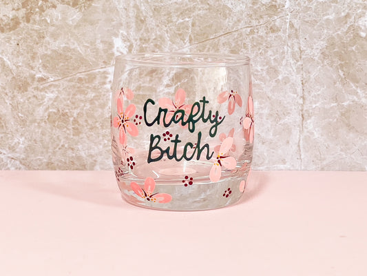 Hand-painted Short Glass - Cherry Blossom "Crafty Bitch" (Upcycled Glass)