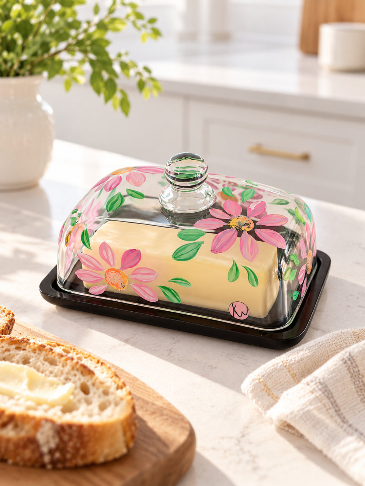 Hand-painted Glass Butter Dish - Spring Blossom