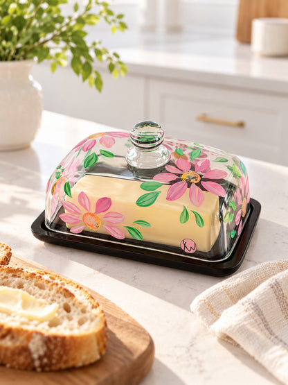 Hand-painted Glass Butter Dish - Spring Blossom