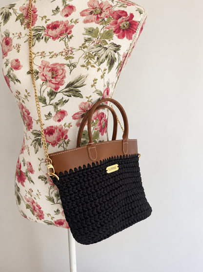 Crochet Tote Handbag | Black/Tan Wildflorals