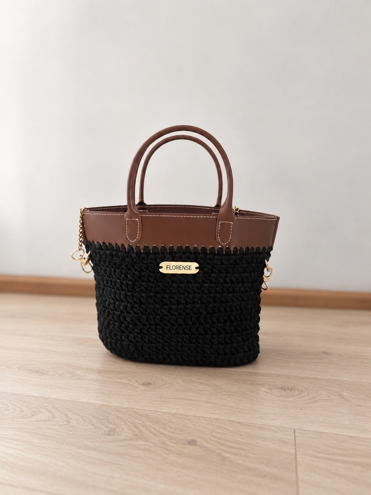 Crochet Tote Handbag | Black/Tan Wildflorals
