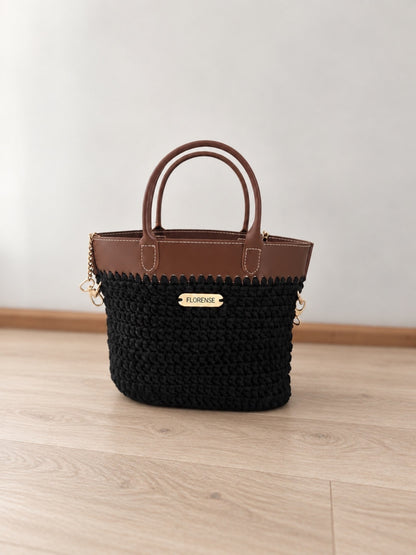 Crochet Tote Handbag | Black/Tan Wildflorals