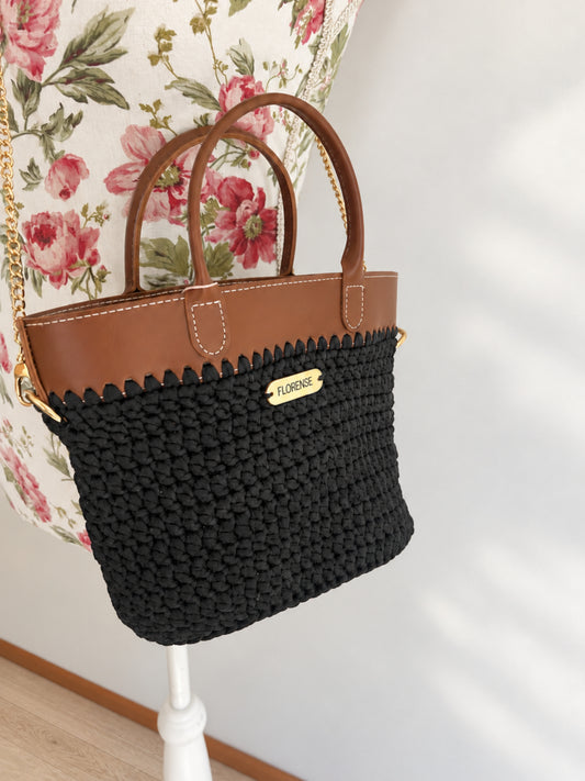 Crochet Tote Handbag | Black/Tan Wildflorals