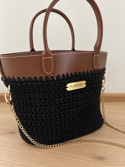 Crochet Tote Handbag | Black/Tan Wildflorals