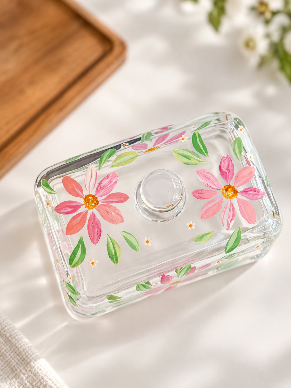 Hand-painted Glass Butter Dish - Spring Blossom