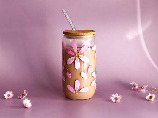 Hand-painted Coffee Can Glass | Pink Daisy