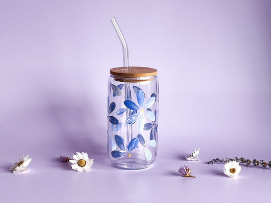 Hand-painted Coffee Can Glass | Periwinkle Daisy